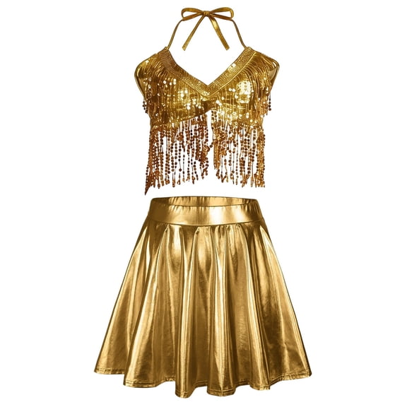 Elegant Carnival Lady Glittering Fringe Sequin Top And High Waist Full Skirt Performance Set For Stage Show