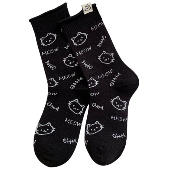 Elegant Cartoon Cats Print Middle Tube Socks for Women Japanese Students Combed Cotton Roll Top Ankle