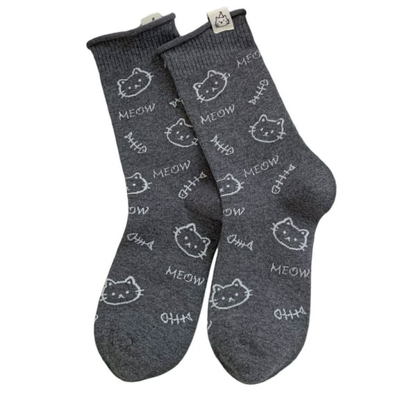 Elegant Cartoon Cats Print Middle Tube Socks for Women Japanese Students Combed Cotton Roll Top Ankle