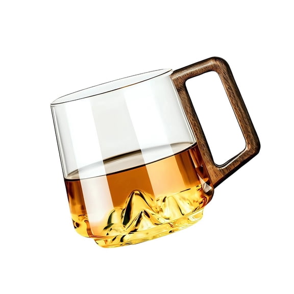 Elegant Carved Mountain Bottom Design Glass Cup Wooden Handle 450ml for Home