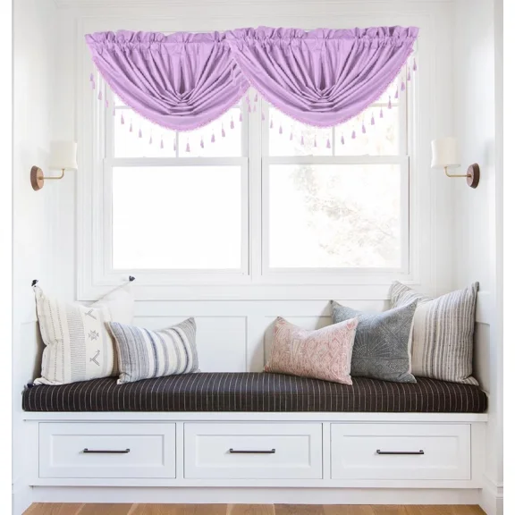 Elegant Cascade Rod Pocket Microfiber Blackout Waterfall Valance – 2-Piece Set with Beaded Trim (48in wide x 38in long each valance