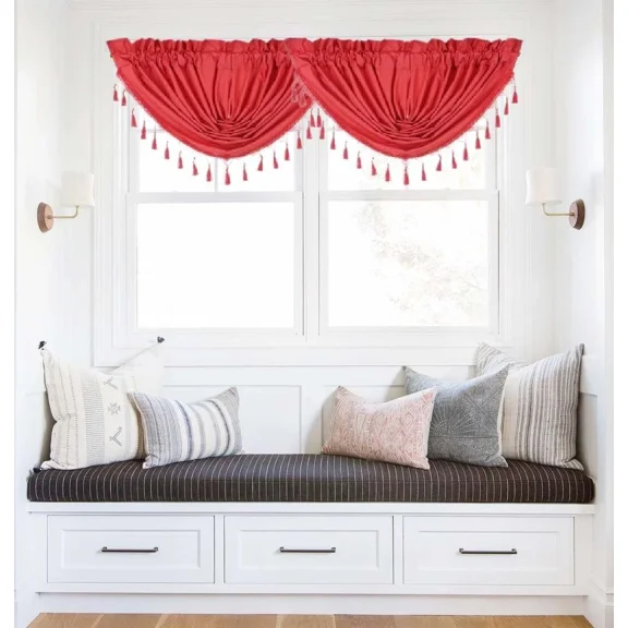 Elegant Cascade Rod Pocket Microfiber Blackout Waterfall Valance – 2-Piece Set with Beaded Trim (48in wide x 38in long each valance