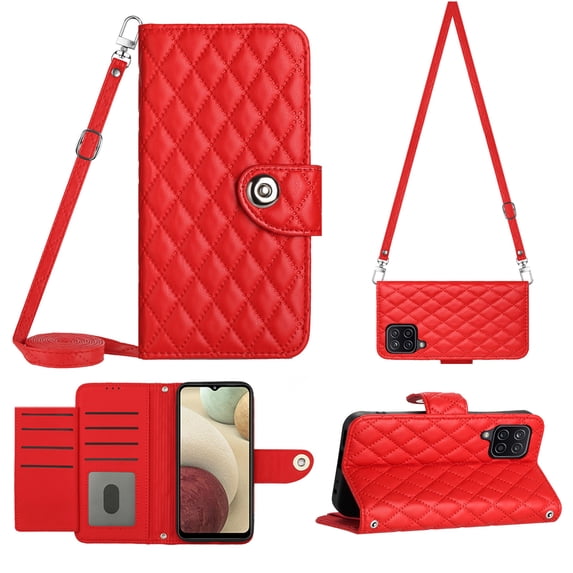 Elegant Case for Samsung A12 4G Wallet Case RFID Blocking Card Slots Holder with Shoulder&Crossbody Strap, Magnetic Folio Kickstand Handbag Flip Phone Cover for Samsung Galaxy A12 4G, Red