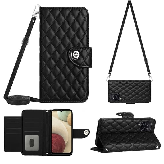 Elegant Case for Samsung A12 4G Wallet Case RFID Blocking Card Slots Holder with Shoulder&Crossbody Strap, Magnetic Folio Kickstand Handbag Flip Phone Cover for Samsung Galaxy A12 4G, Black