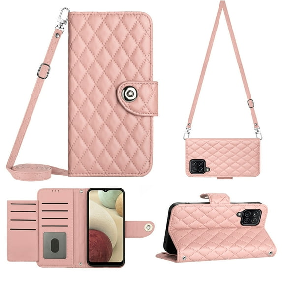 Elegant Case for Samsung A12 4G Wallet Case RFID Blocking Card Slots Holder with Shoulder&Crossbody Strap, Magnetic Folio Kickstand Handbag Flip Phone Cover for Samsung Galaxy A12 4G, Coralpink