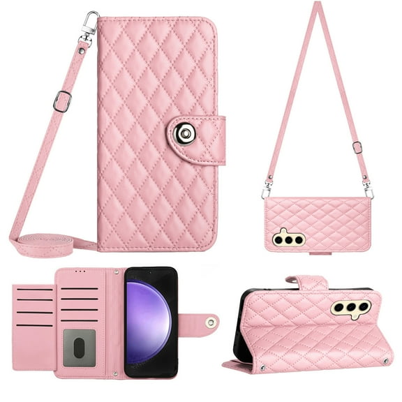Elegant Case for Samsung A24 4G Wallet Case RFID Blocking Card Slots Holder with Shoulder&Crossbody Strap, Magnetic Folio Kickstand Handbag Flip Phone Cover for Samsung Galaxy A24 4G, Pink