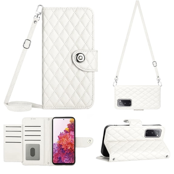 Elegant Case for Samsung S20 FE Wallet Case RFID Blocking Card Slots Holder with Shoulder&Crossbody Strap, Magnetic Folio Kickstand Handbag Flip Phone Cover for Samsung Galaxy S20 FE, White