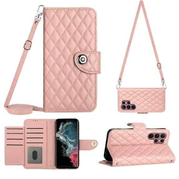 Elegant Case for Samsung S23 Ultra Wallet Case RFID Blocking Card Slots Holder with Shoulder&Crossbody Strap, Magnetic Folio Kickstand Handbag Flip Phone Cover for Samsung Galaxy S23 Ultra, Coralpink