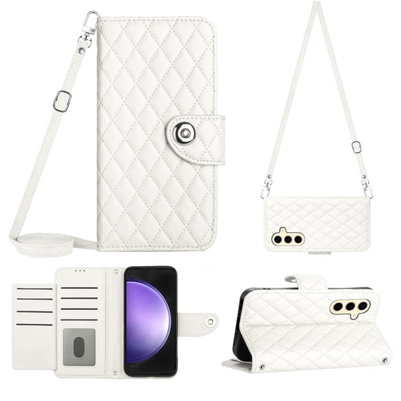 Elegant Case for Samsung S24 Wallet Case RFID Blocking Card Slots Holder with Shoulder&Crossbody Strap, Magnetic Folio Kickstand Handbag Flip Phone Cover for Samsung Galaxy S24, White