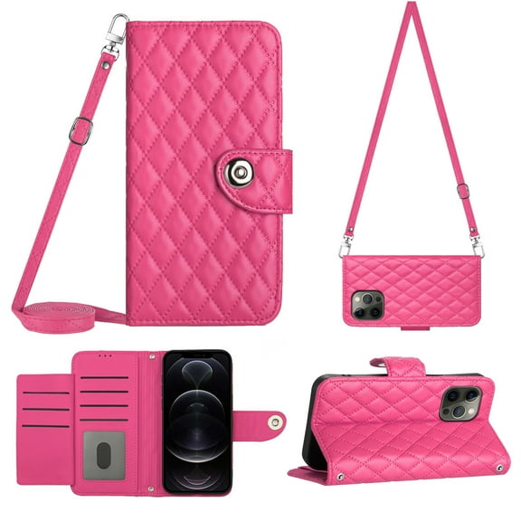 Elegant Case for iPhone 12 Pro Max Wallet Case RFID Blocking Card Slots Holder with Shoulder&Crossbody Strap, Magnetic Folio Kickstand Handbag Flip Phone Cover For iPhone 12 Pro Max, Rose