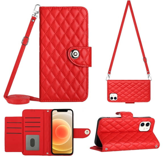 Elegant Case for iPhone 12 Wallet Case RFID Blocking Card Slots Holder with Shoulder&Crossbody Strap, Magnetic Folio Kickstand Handbag Flip Phone Cover For iPhone 12, Red