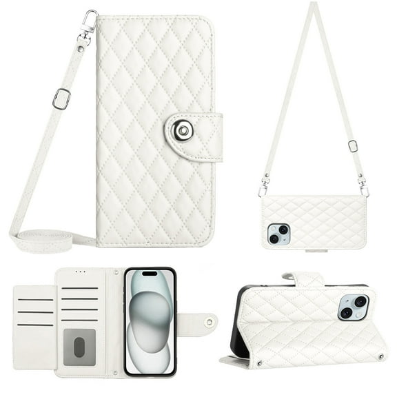 Elegant Case for iPhone 13 Wallet Case RFID Blocking Card Slots Holder with Shoulder&Crossbody Strap, Magnetic Folio Kickstand Handbag Flip Phone Cover For iPhone 13, White
