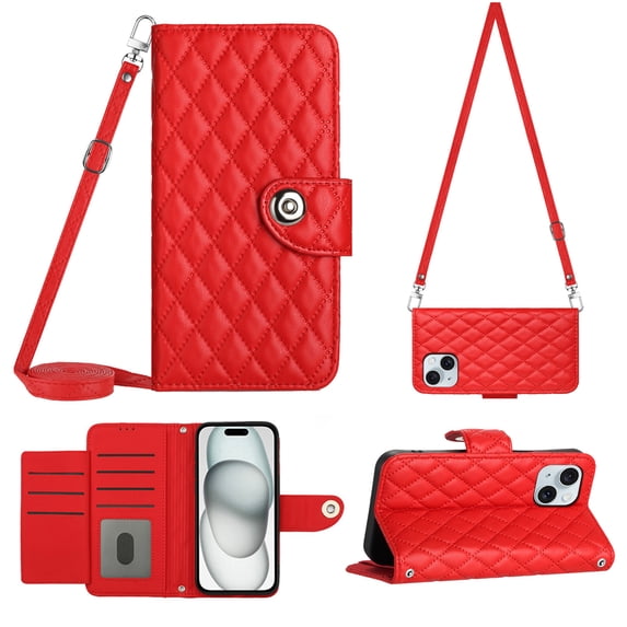 Elegant Case for iPhone 14 Wallet Case RFID Blocking Card Slots Holder with Shoulder&Crossbody Strap, Magnetic Folio Kickstand Handbag Flip Phone Cover For iPhone 14, Red