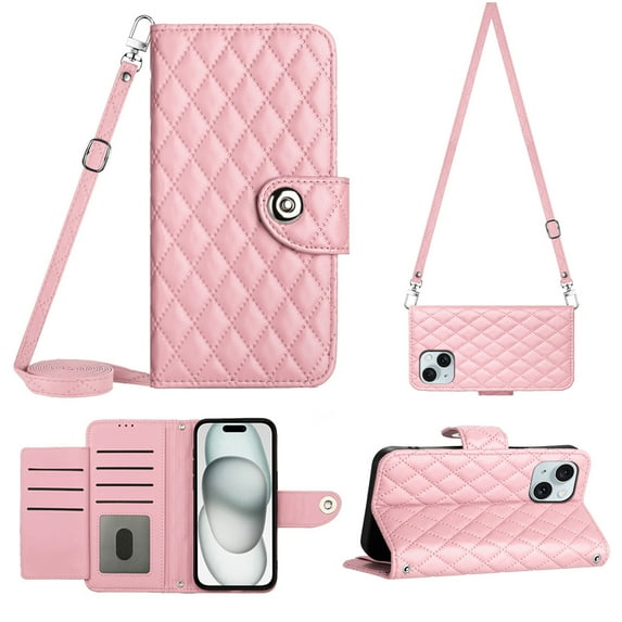 Elegant Case for iPhone 14 Wallet Case RFID Blocking Card Slots Holder with Shoulder&Crossbody Strap, Magnetic Folio Kickstand Handbag Flip Phone Cover For iPhone 14, Pink
