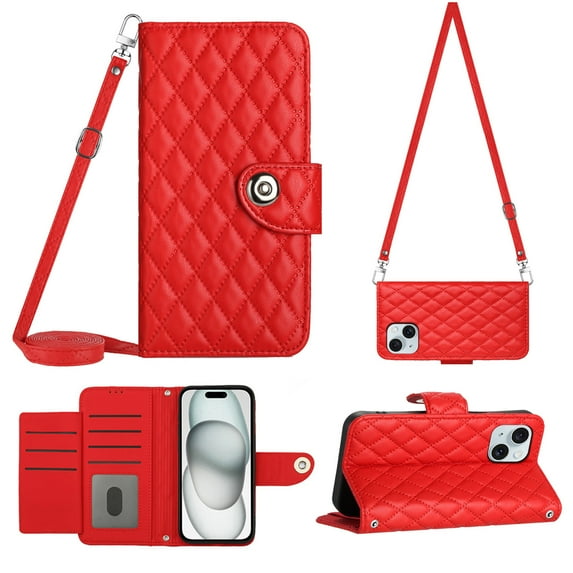 Elegant Case for iPhone 15 Wallet Case RFID Blocking Card Slots Holder with Shoulder&Crossbody Strap, Magnetic Folio Kickstand Handbag Flip Phone Cover For iPhone 15, Red