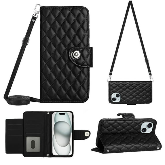 Elegant Case for iPhone 15 Wallet Case RFID Blocking Card Slots Holder with Shoulder&Crossbody Strap, Magnetic Folio Kickstand Handbag Flip Phone Cover For iPhone 15, Black