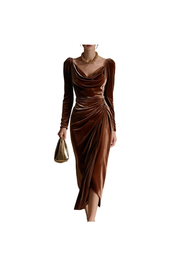 Elegant Casual Dress, Long Sleeve Bodycon or Shift Midi Dress, Versatile Dress for Day-to-Night Wear, Luncheons, and Smart Casual Events Brown M