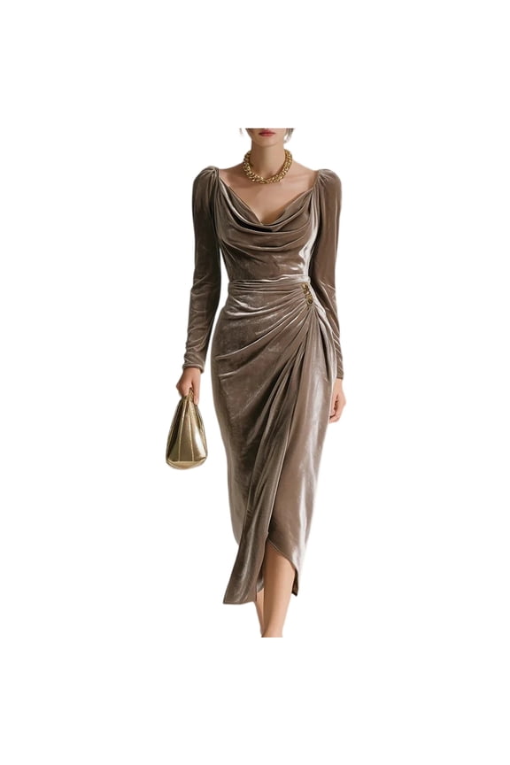 Elegant Casual Dress, Long Sleeve Bodycon or Shift Midi Dress, Versatile Dress for Day-to-Night Wear, Luncheons, and Smart Casual Events Camel L