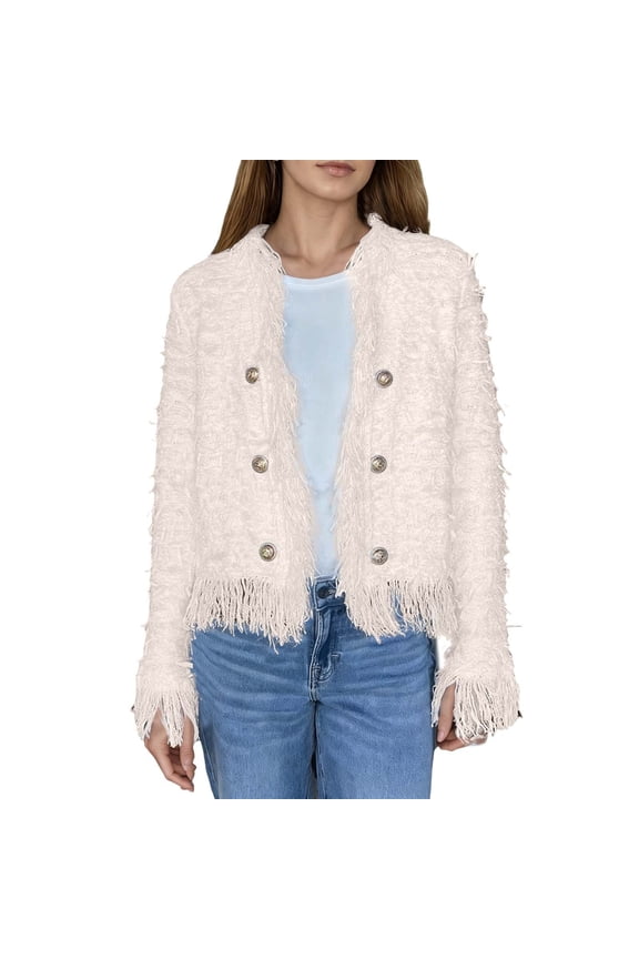 Elegant Casual Jacket With Fringe Trim Short Coat Featuring Decorative Metal Buttons For Everyday Spring Autumn Outerwear Women’s Style Women's Bomber Jacket Casual Coat