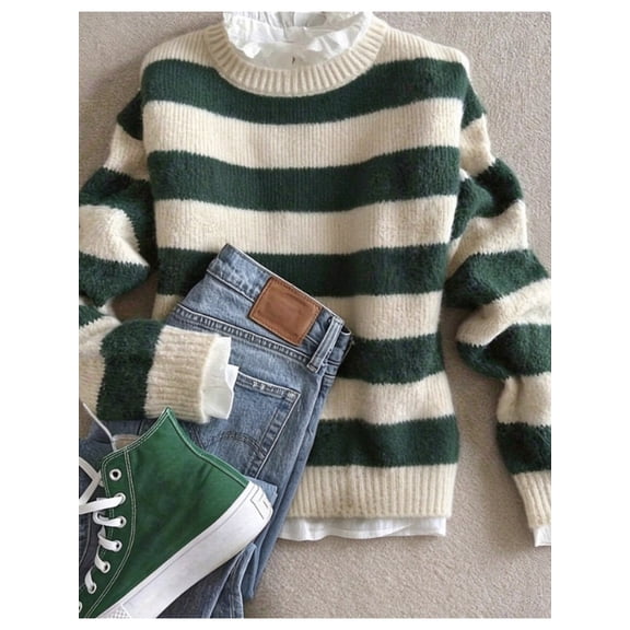 Elegant Casual Warm Knit Pullover Sweater, Green Striped, Round Neck Long Sleeve Knit Sweater, Business Casual Women's Wear Fall