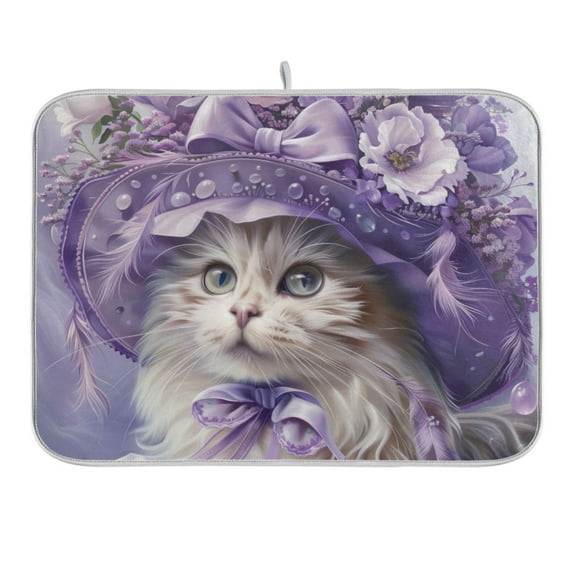 Elegant Cat with Lilac Flowers Hat Dish Drying Mat 16x18 Absorbent Microfiber Draining Rack Pad for Kitchen Counter Sink