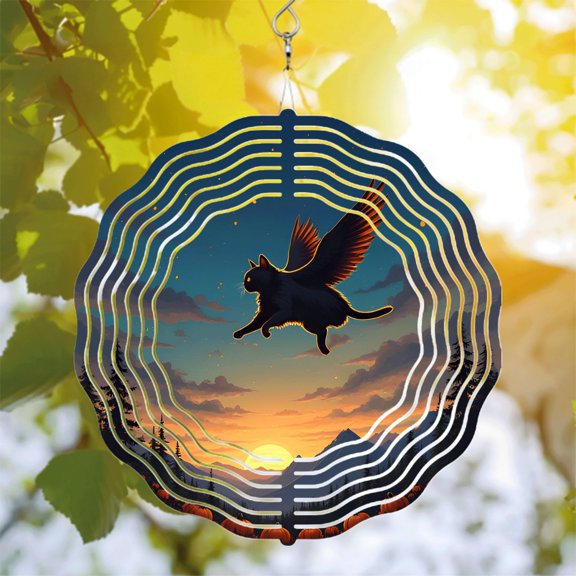 Elegant Cat with Wings Metal Wind Spinner - Sky Design for Yard & Garden - Unique Hanging Wind Chime Decoration