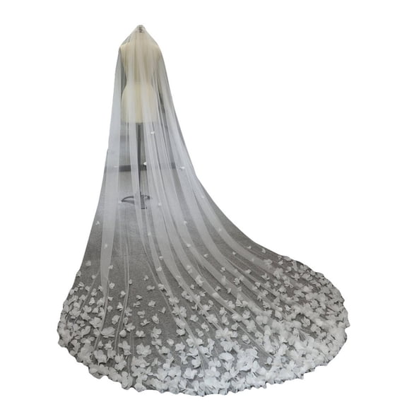 Elegant Cathedral Bridal Veil with Floral Appliqués - 1-Layer Long Tulle Wedding Veil with Comb