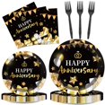 Elegant Celebration Set 96 Pcs Gold and Black Disposable Paper Plates