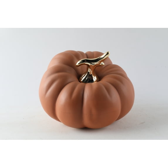 Elegant Ceramic Orange Pumpkin with Gold Stem. 6"Tx7.5"D