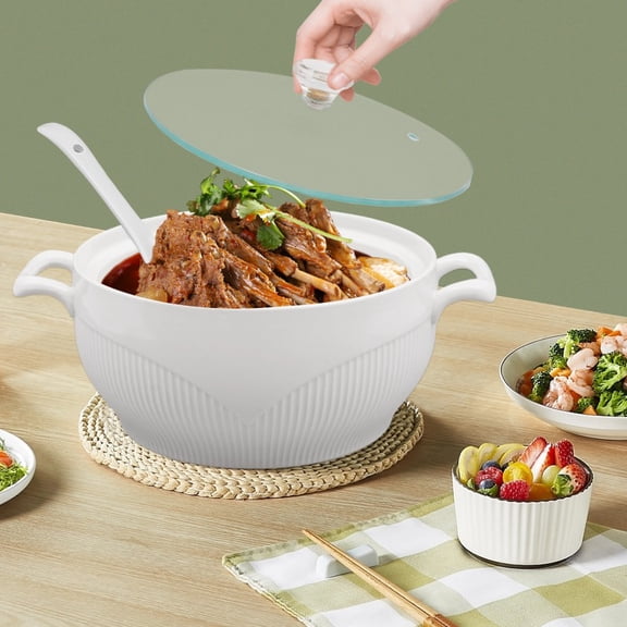 Elegant Ceramic Soup Tureen with Glass Lid & Ladle Large 0.4 Gal Capacity, Dishwasher & Microwave Safe, Stylish White Porcelain for Soups & Stews