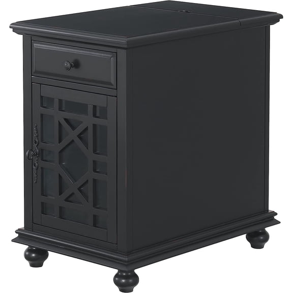 Elegant Chairside End Table with Power 24W x 16D x 25H, Antique Black Transitional Painted Accent Table with Flip-Top USB Charging, Drawer & Cabinet Storage