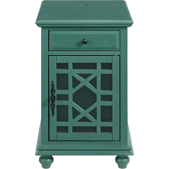 Elegant Chairside End Table with Power 24W x 16D x 25H, Antique Teal-Green Transitional Painted Accent Table with Flip-Top USB Charging, Drawer & Cabinet Storage