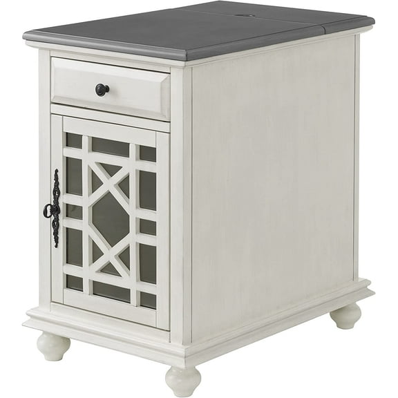 Elegant Chairside End Table with Power 24W x 16D x 25H, White with Gray Top Transitional Painted Accent Table with Flip-Top USB Charging, Drawer & Cabinet Storage