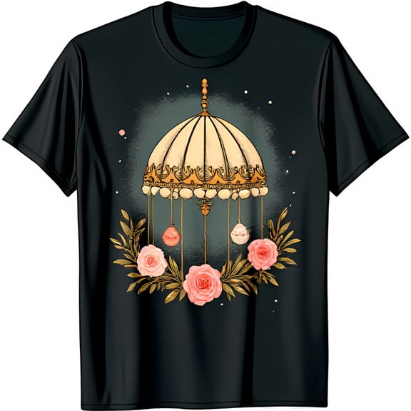Elegant Chandelier & Pink Roses Graphic Black T-Shirt Stylish Floral Design
