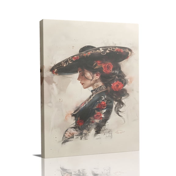 “Elegant Charro Hat Figure with Red Roses” Mexican Canvas Wall Art Ready to Hang for Living Room and Bedroom