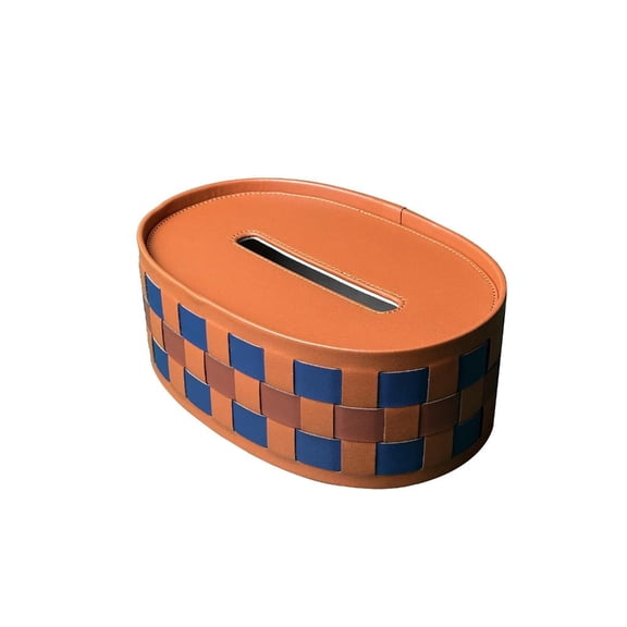 Elegant Checkerboard Woven Box Blue Golden Brown Saddles Fiber1eatherGray Flannel Home Gift