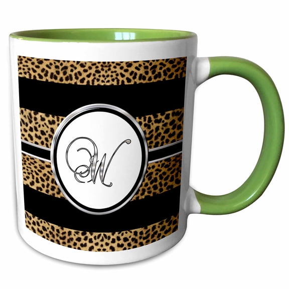 3drose, Elegant Cheetah Animal Print Monogram Letter W, 11oz Two-tone Green Mug