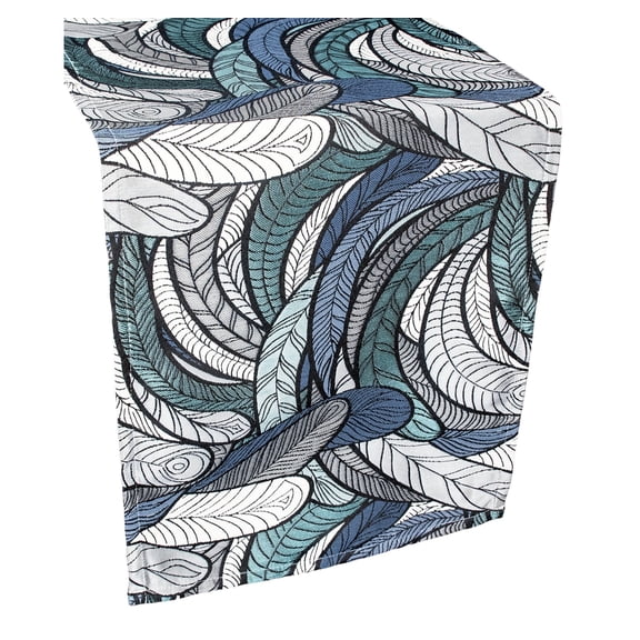 Elegant Chenille Gray and Teal Blue Feather Table Runner (16.5"x34.5")