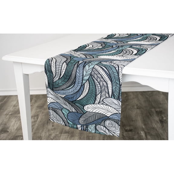 Elegant Chenille Gray and Teal Blue Feather Table Runner (16"x53.5")