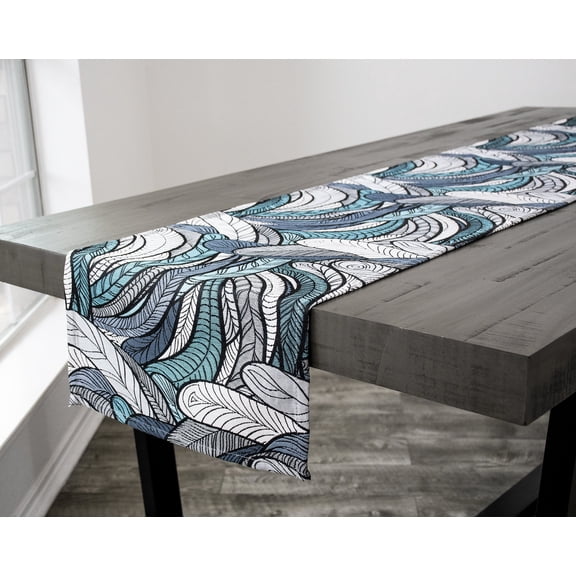 Elegant Chenille Gray and Teal Blue Feather Table Runner (16"x90")