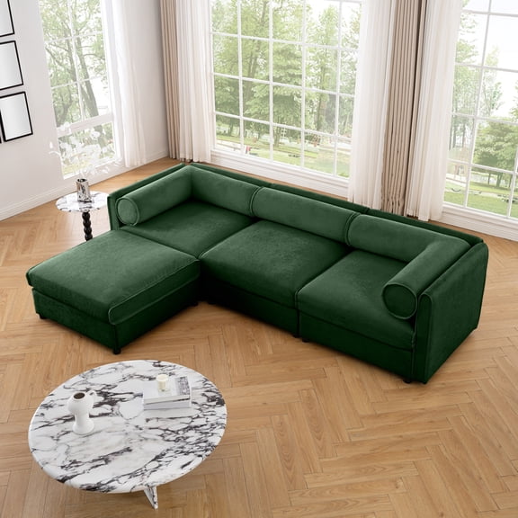 Elegant Chenille Sofa with Storage Seat and Ottoman, L-Shaped 3-Seater Cylindrical Backrest and Armrests, Contemporary 3-Seater Fabric Couch with Hidden Storage Compartment (Green)