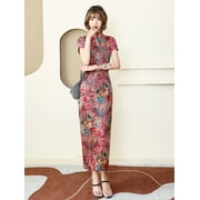 Elegant Cheongsam Long Dress Slim Slik Qipao Vintage Chinese Traditional Costumes Summer Dresses