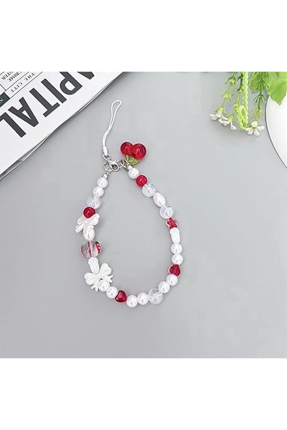 Elegant Cherry Beaded Pearl Lanyard Wristband for Keys and Bags