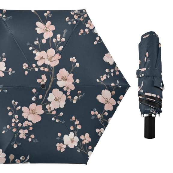 Elegant Cherry Blossom Flowers All Weather Umbrella Triple Folding Parasol 6 Ribs UV Protection Portable