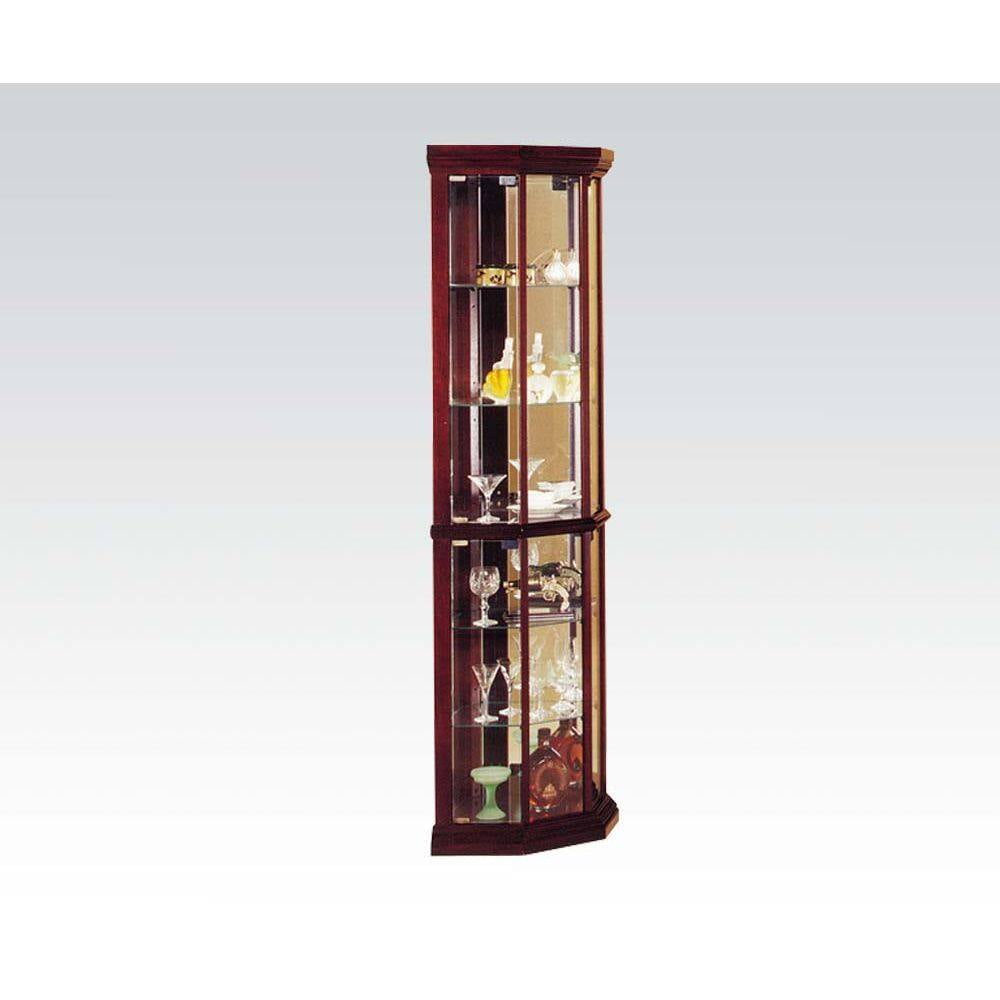 Cherry Wood Lighted Corner Curio Cabinet with Glass Shelves