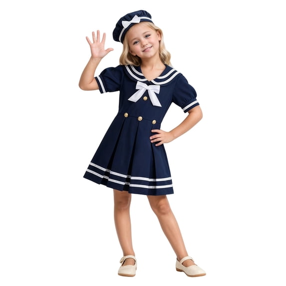 Elegant Children's Sailor Dress with Pleated Skirt, Baby Toddler Girl's Nautical Cap Sleeve Uniform for School Play Party Dress Up 6M-3 Years
