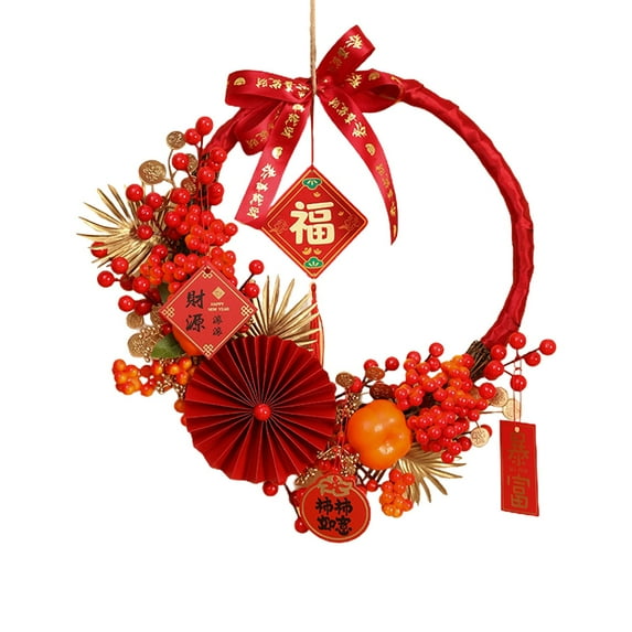 Elegant Chinese Year Decorative Wreath for Front Door Wall Fireplace and Outdoor Festival Home Celebration with LED Lights and Red Berries