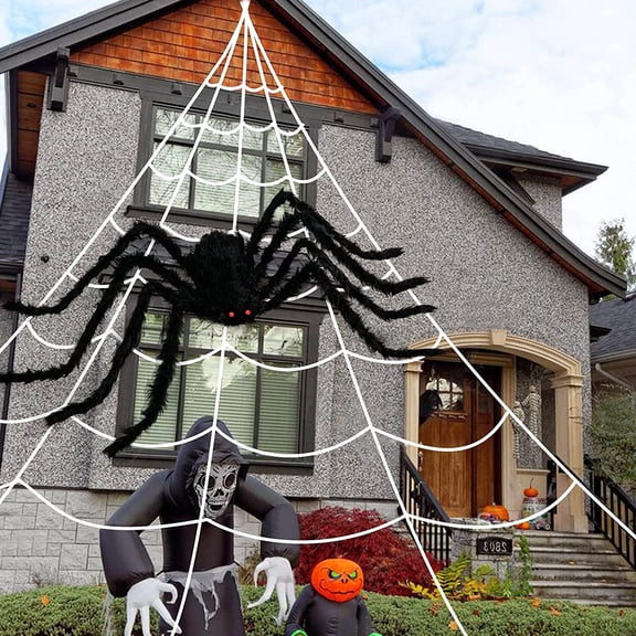 Elegant Choise 16.4ft Halloween Decoration Cobweb,Triangle Halloween Spider Web + 35.4" Giant Fake Spider for Halloween Outdoor Yard Decor,Home,Parties,Haunted House Decor
