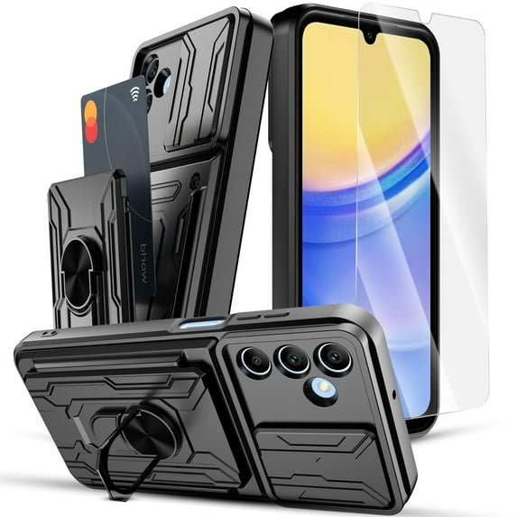 Elegant Choise Card Slot Holder Phone Case with Screen Protector for Samsung Galaxy A15 5G with Slide Camera Lens Cover and Stand, Black