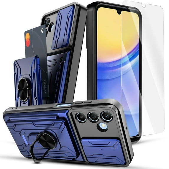 Elegant Choise Card Slot Holder Phone Case with Screen Protector for Samsung Galaxy A15 5G with Slide Camera Lens Cover and Stand, Blue